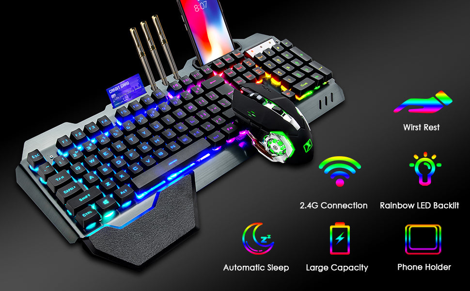 K680 Wireless Gaming Keyboard and Mouse Combo,Rainbow LED Backlit Keyboard with Rechargeable 3800mAh Battery Metal Panel