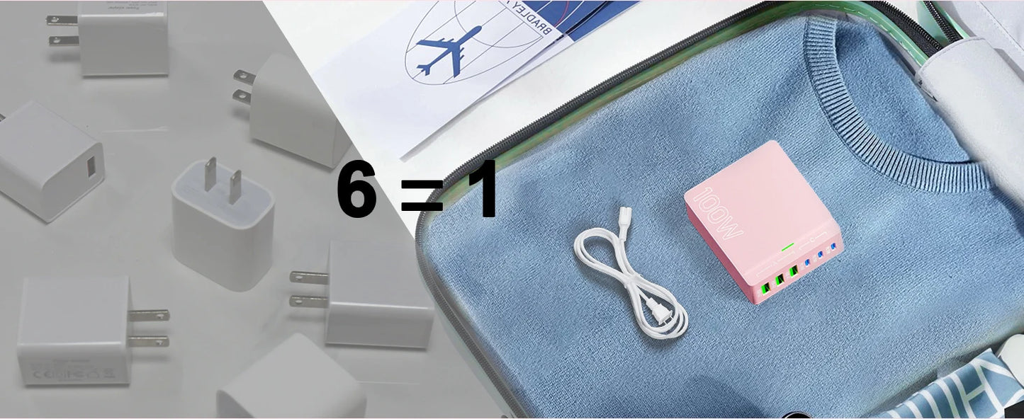 100W 6-Port GaN Quick Charge Hub - PD 3.0 Type C and USB A Charging Case - for Cell Phone Tablet Laptop