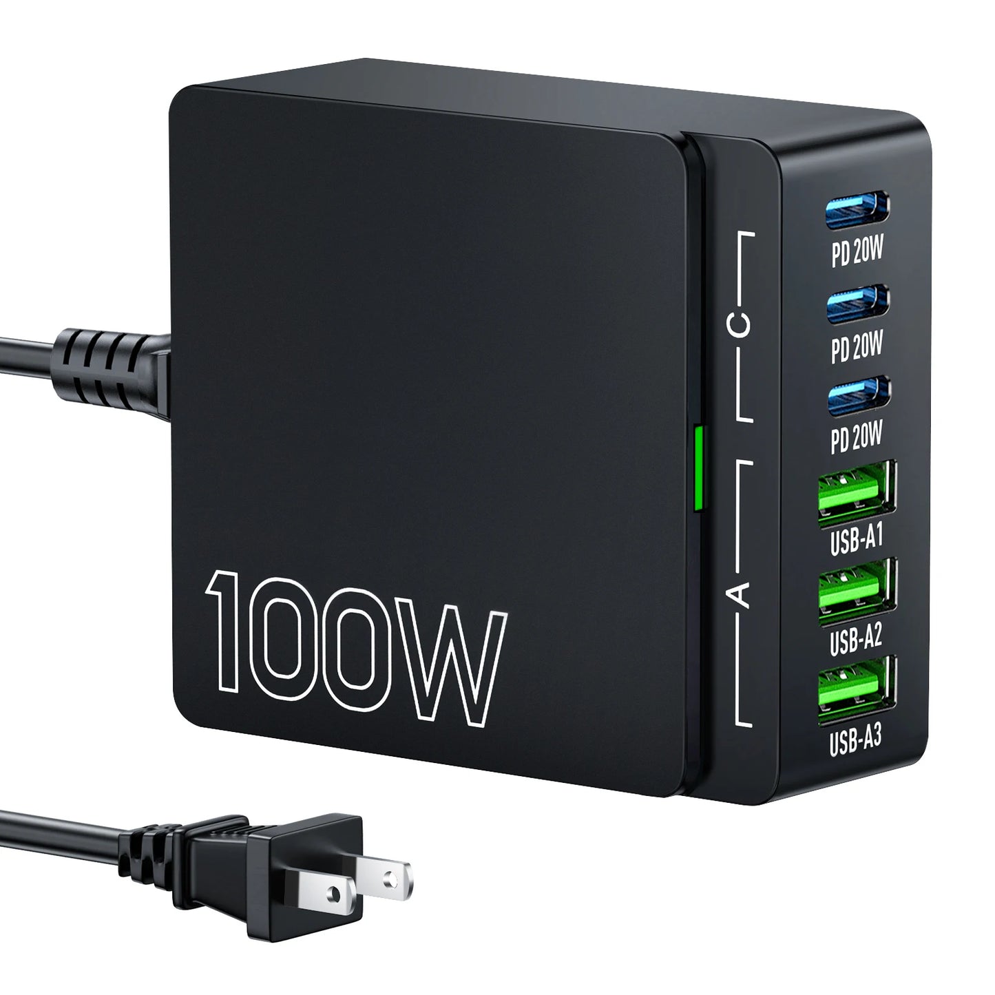 100W 6-Port GaN Quick Charge Hub - PD 3.0 Type C and USB A Charging Case - for Cell Phone Tablet Laptop