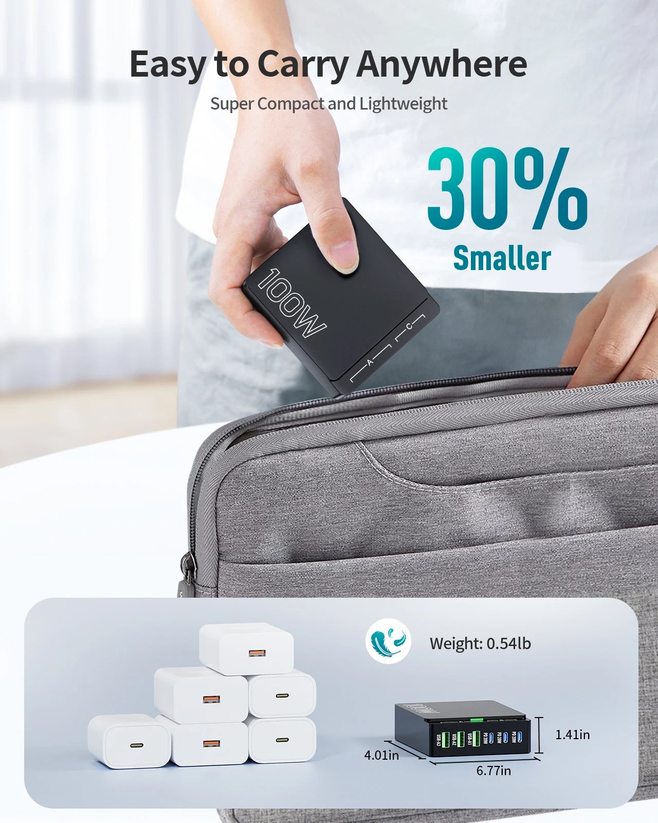 100W 6-Port GaN Quick Charge Hub - PD 3.0 Type C and USB A Charging Case - for Cell Phone Tablet Laptop