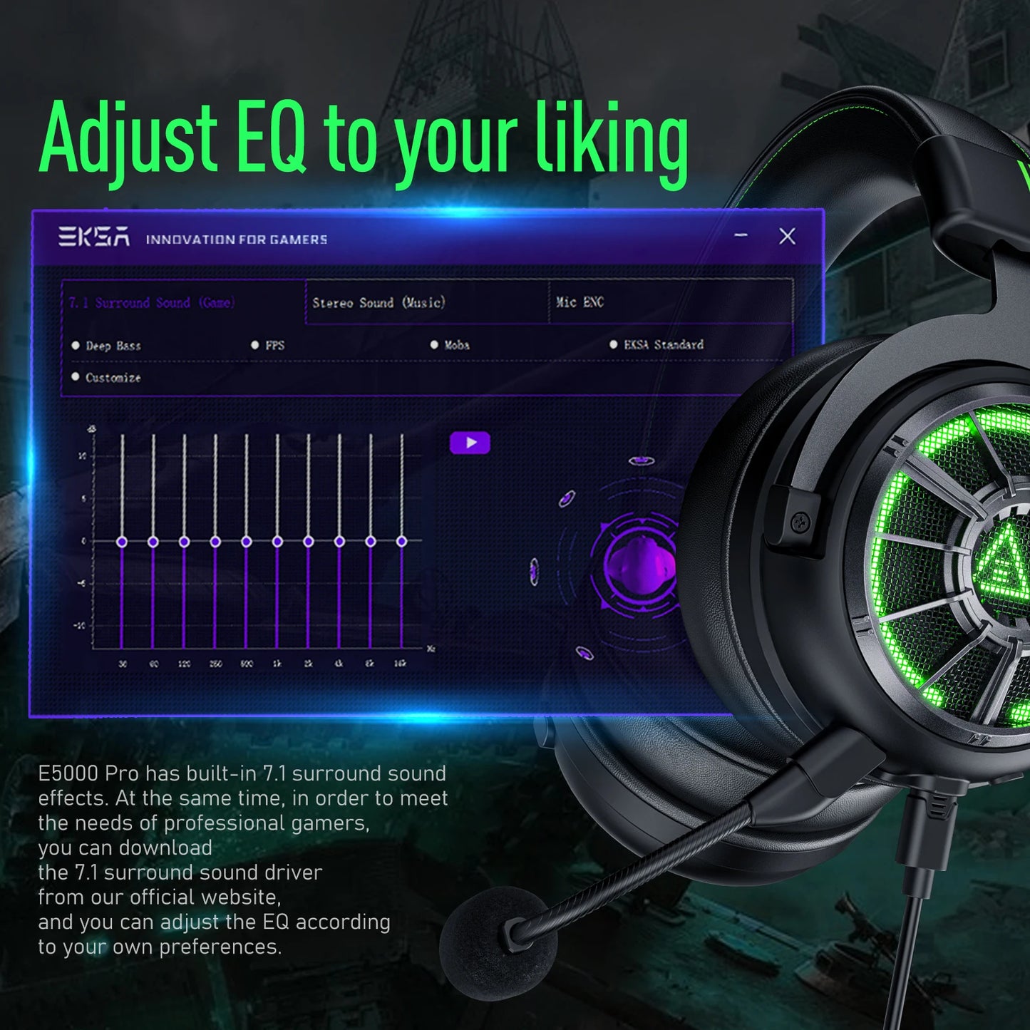 EKSA E5000 Pro Gaming Headset with Microphone, 7.1 Surround Sound Headphones for PC Gamer, Wired Headset