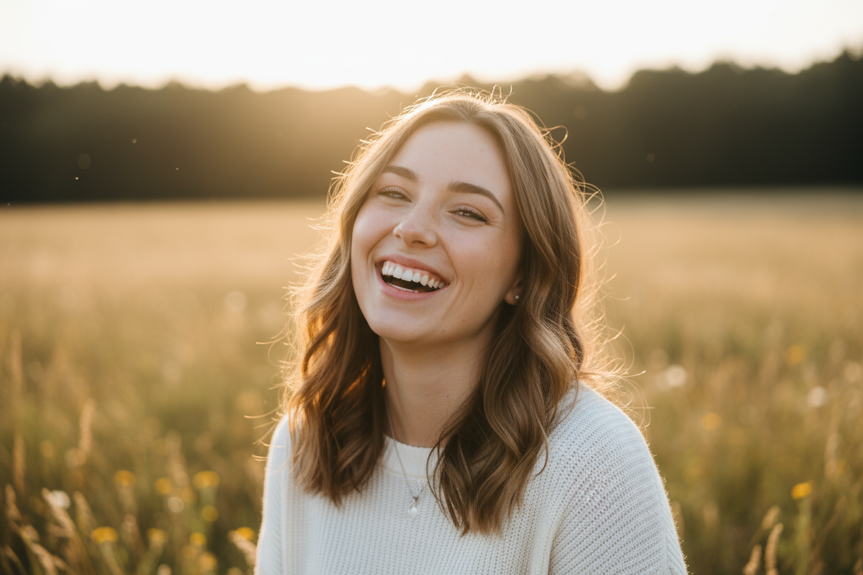 Imagem de uma mulher de. Erca de 25 anos sorridente e feliz
