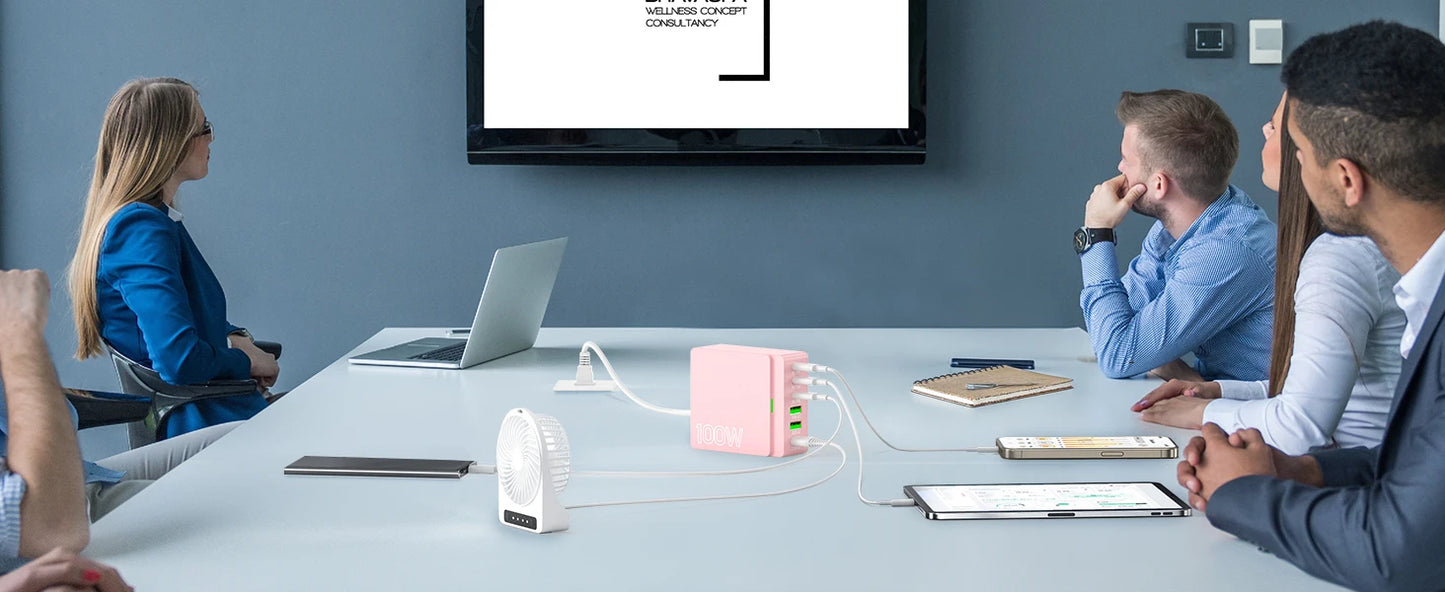 100W 6-Port GaN Quick Charge Hub - PD 3.0 Type C and USB A Charging Case - for Cell Phone Tablet Laptop