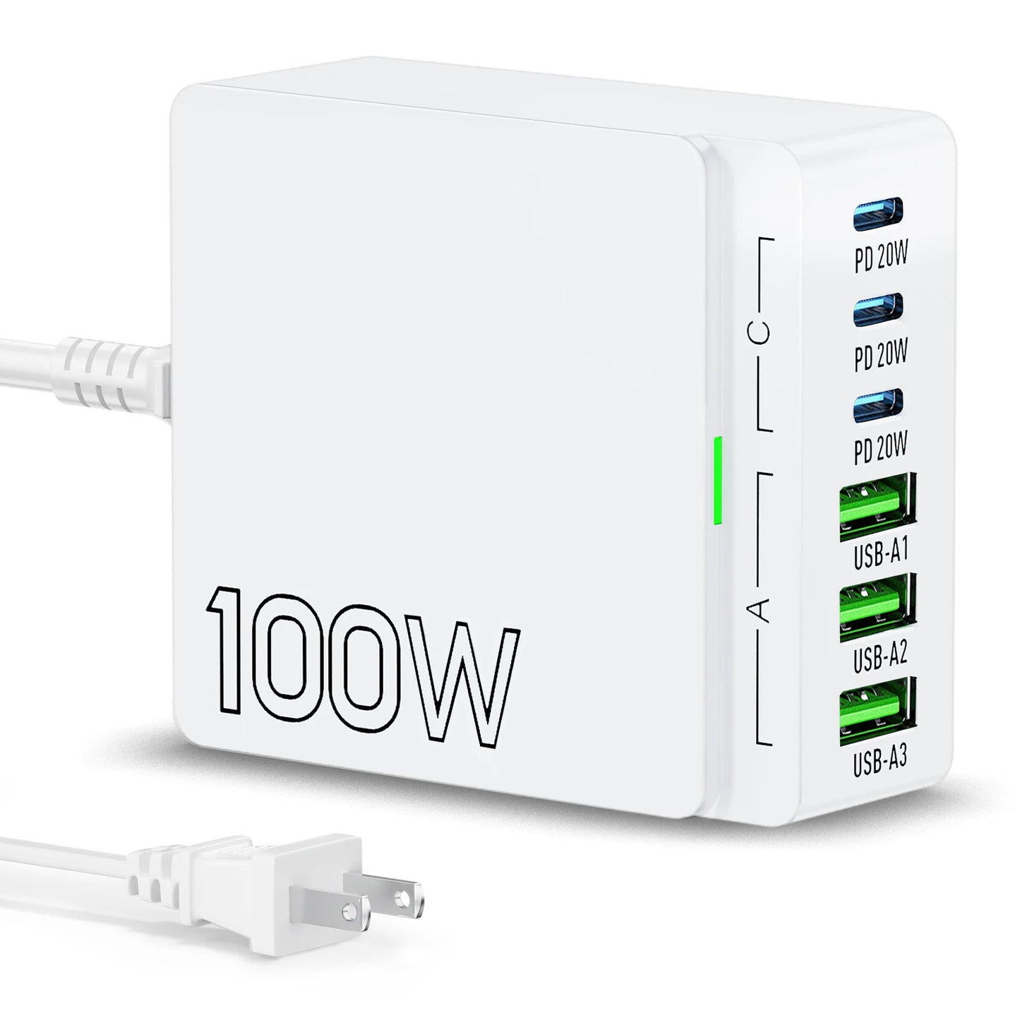 100W 6-Port GaN Quick Charge Hub - PD 3.0 Type C and USB A Charging Case - for Cell Phone Tablet Laptop