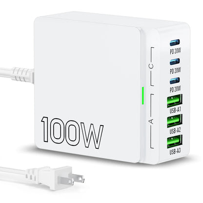100W 6-Port GaN Quick Charge Hub - PD 3.0 Type C and USB A Charging Case - for Cell Phone Tablet Laptop
