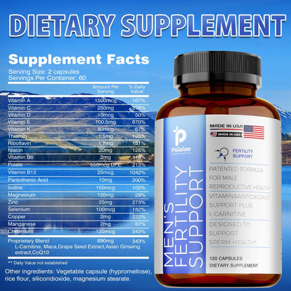 Men's Fertility Support, Ginseng, Multivitamins, Multiminerals, L-Carnitine, Maca, Niacin, Chromium - 120 Capsules