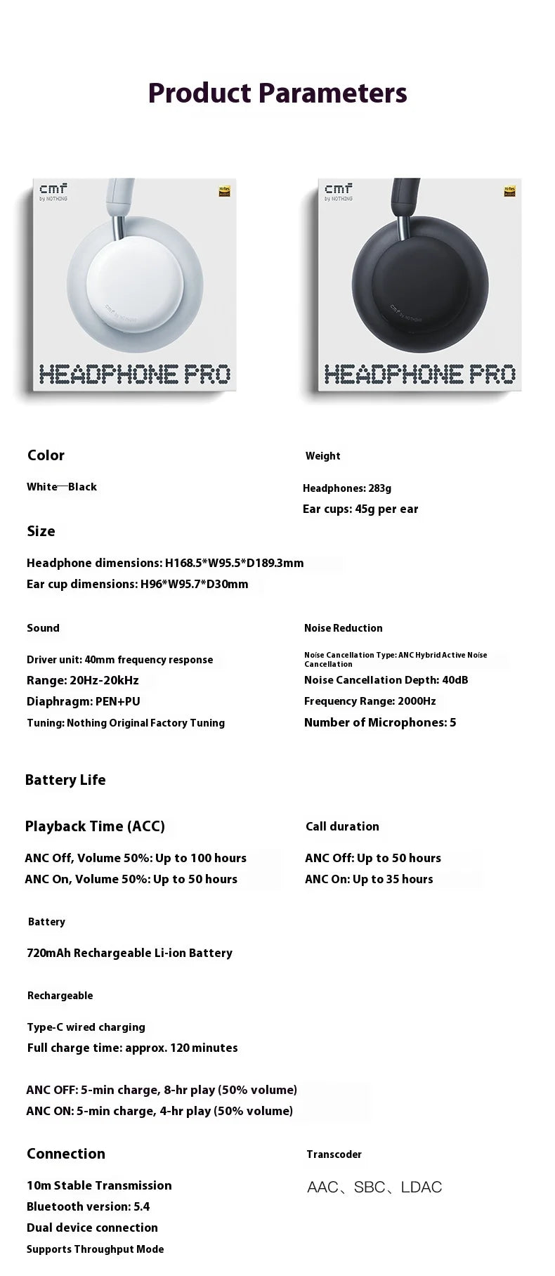 CMF By NOTHING Headphone Pro HIFI Wireless Headsets Bluetooth 40dB Noise Reduction Long Battery Life Gaming Music Headphone Gift