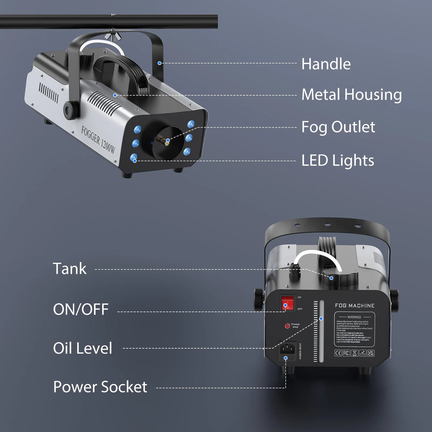 DayFlicker 2Pcs 1200W Fog Machine with RGB 6LEDs Lighting for Play Theater Professional Stage Home Entertainment Halloween Party