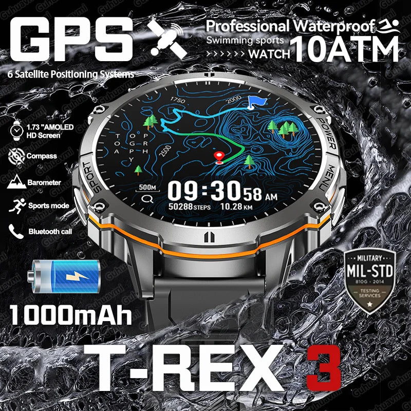 T-Rex 3 Military Grade 1000mAh Battery Smart Watch 10ATM Waterproof GPS Compass Altimeter Call AMOLED Men Swim Sports Smartwatch
