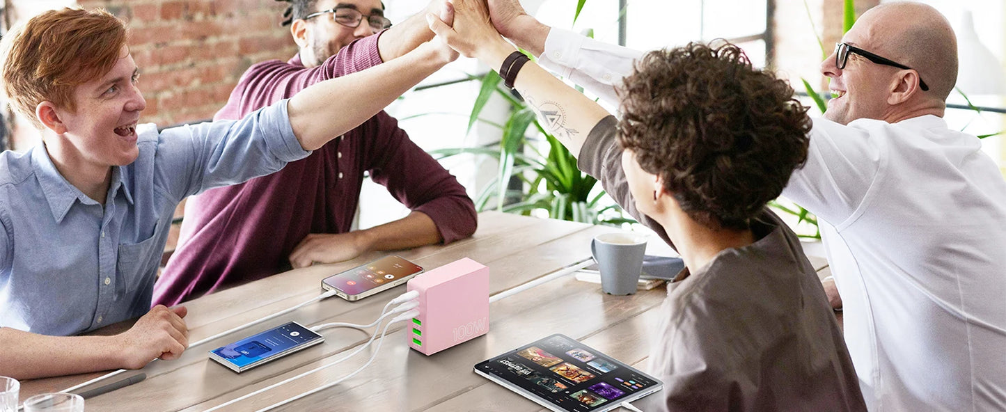 100W 6-Port GaN Quick Charge Hub - PD 3.0 Type C and USB A Charging Case - for Cell Phone Tablet Laptop