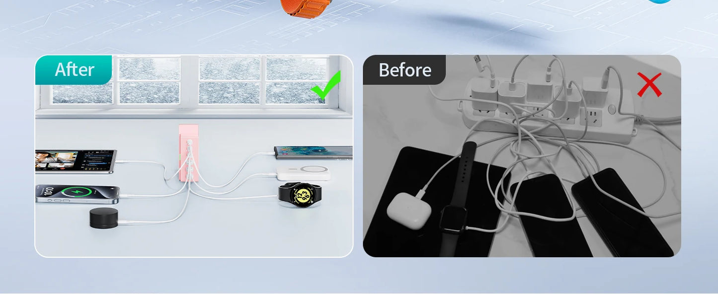 100W 6-Port GaN Quick Charge Hub - PD 3.0 Type C and USB A Charging Case - for Cell Phone Tablet Laptop