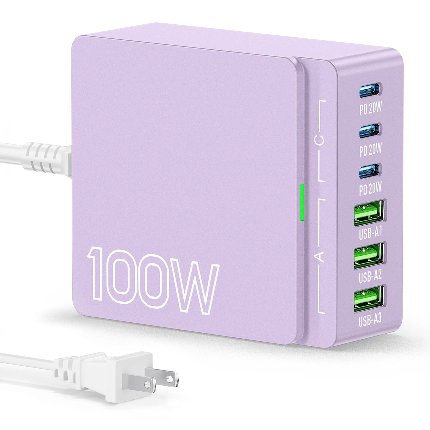 100W 6-Port GaN Quick Charge Hub - PD 3.0 Type C and USB A Charging Case - for Cell Phone Tablet Laptop