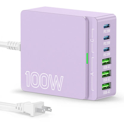 100W 6-Port GaN Quick Charge Hub - PD 3.0 Type C and USB A Charging Case - for Cell Phone Tablet Laptop