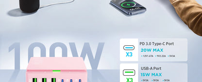 100W 6-Port GaN Quick Charge Hub - PD 3.0 Type C and USB A Charging Case - for Cell Phone Tablet Laptop