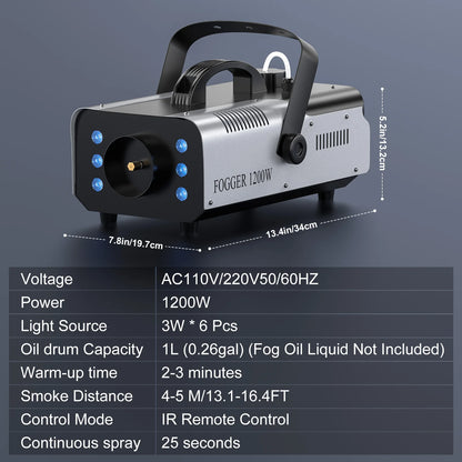 DayFlicker 2Pcs 1200W Fog Machine with RGB 6LEDs Lighting for Play Theater Professional Stage Home Entertainment Halloween Party