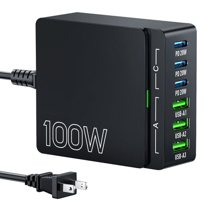 100W 6-Port GaN Quick Charge Hub - PD 3.0 Type C and USB A Charging Case - for Cell Phone Tablet Laptop