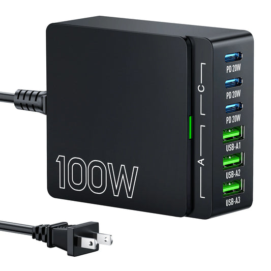 100W 6-Port GaN Quick Charge Hub - PD 3.0 Type C and USB A Charging Case - for Cell Phone Tablet Laptop