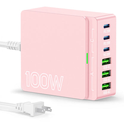 100W 6-Port GaN Quick Charge Hub - PD 3.0 Type C and USB A Charging Case - for Cell Phone Tablet Laptop