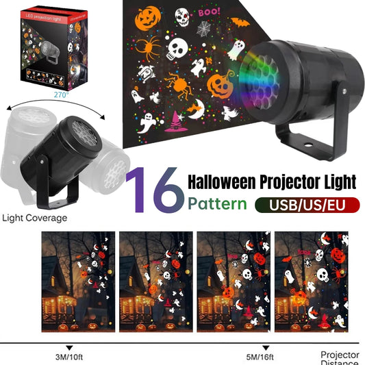 Halloween Projector Night Light Ghost Skull Pumpkin Horror Stage Lights 16 Pattern Halloween Decor Prop 270° Rotation Ideal Gift